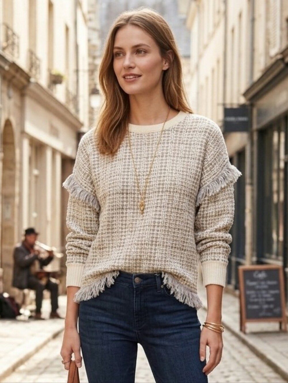 DKNY Women's Cream Gold Metalic Fringe Tweed Knit Crewneck Sweater Size Large